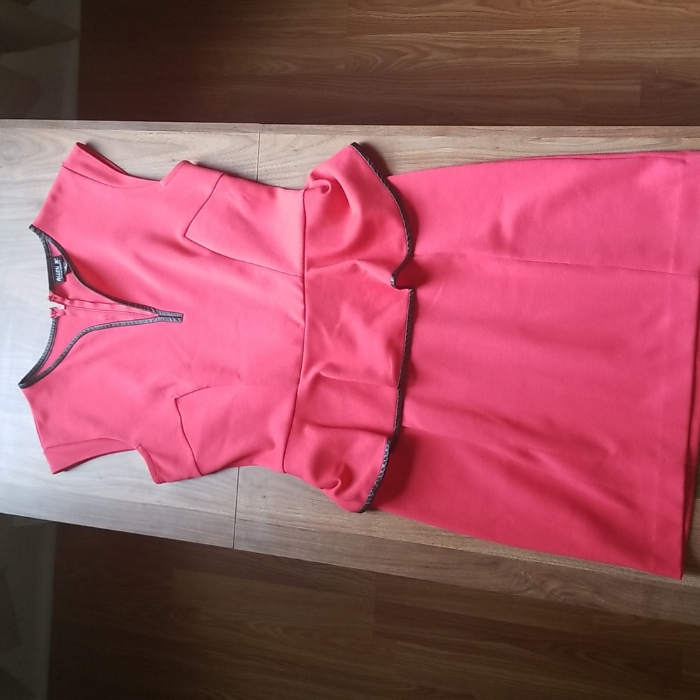 Coral dress with faux leather details
